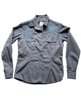 Panhandle Slim Rough Stock Women's Gray Aqua Floral Western Shirt Size Small